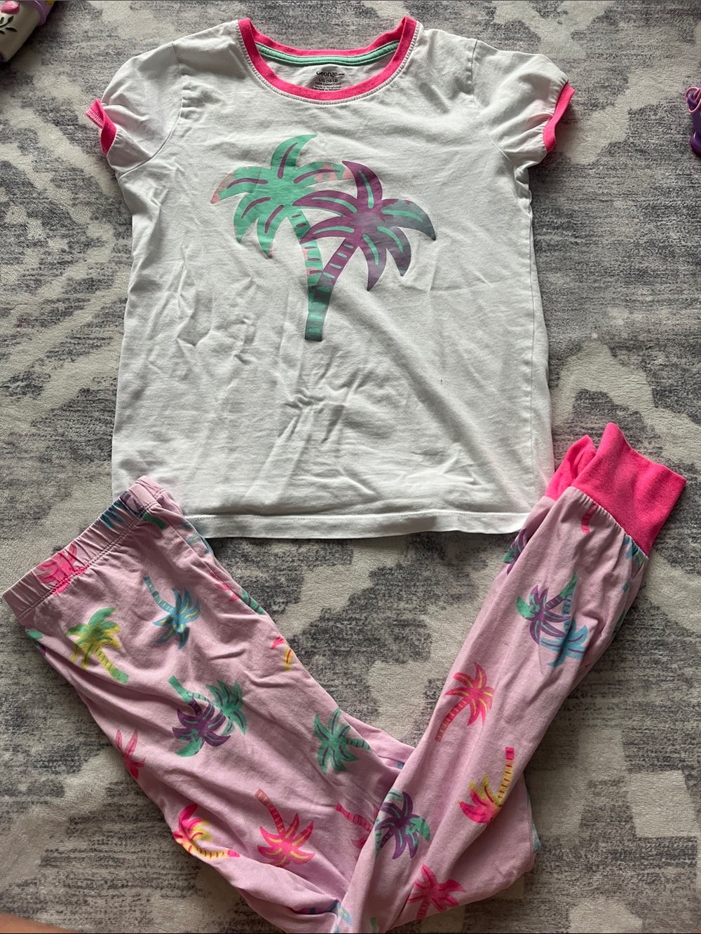 George White Top & Pink Palm Tree Pajama Set